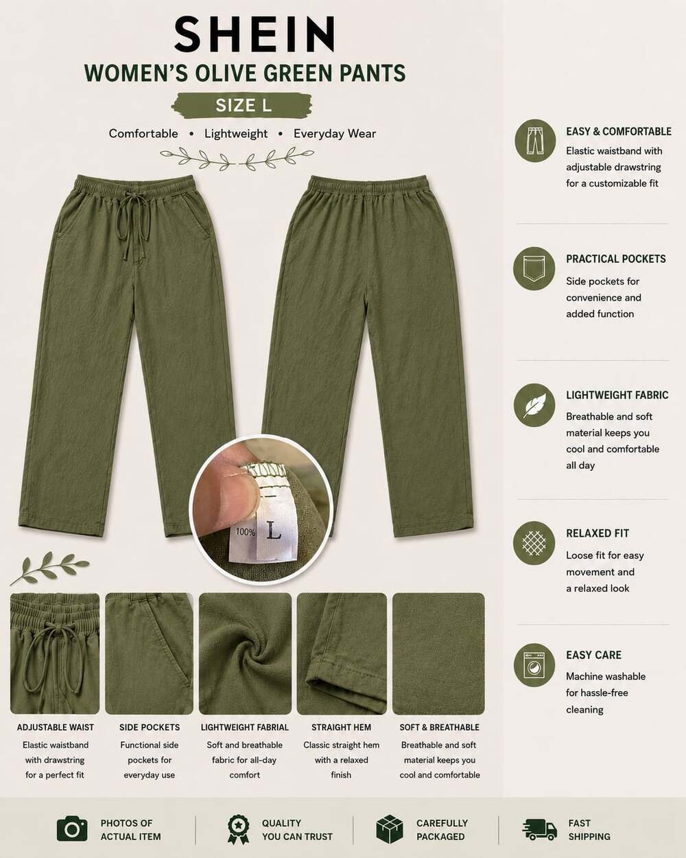 SHEIN Women's Olive Green Drawstring Elastic Waist Straight Leg Casual Pants